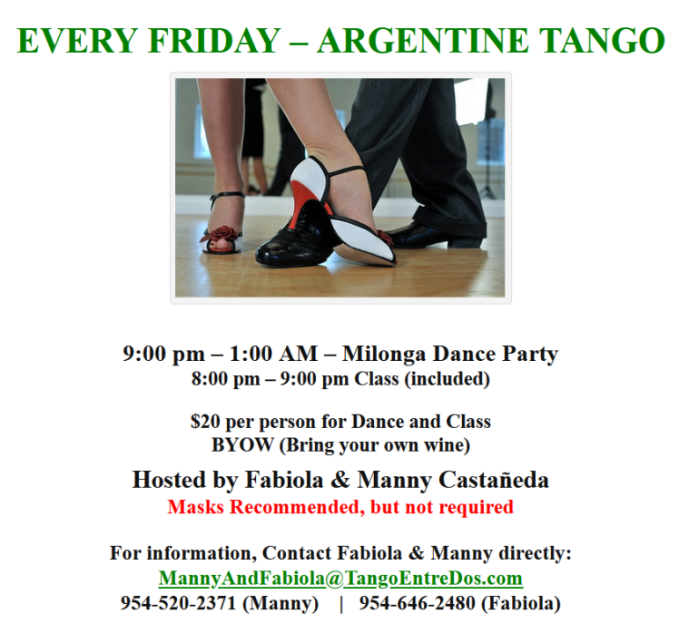 ARGENTINE TANGO DANCE PARTY - EVERY FRIDAY NIGHT - 9 PM - 1 AM - Class 8 PM - 9 PM (included)